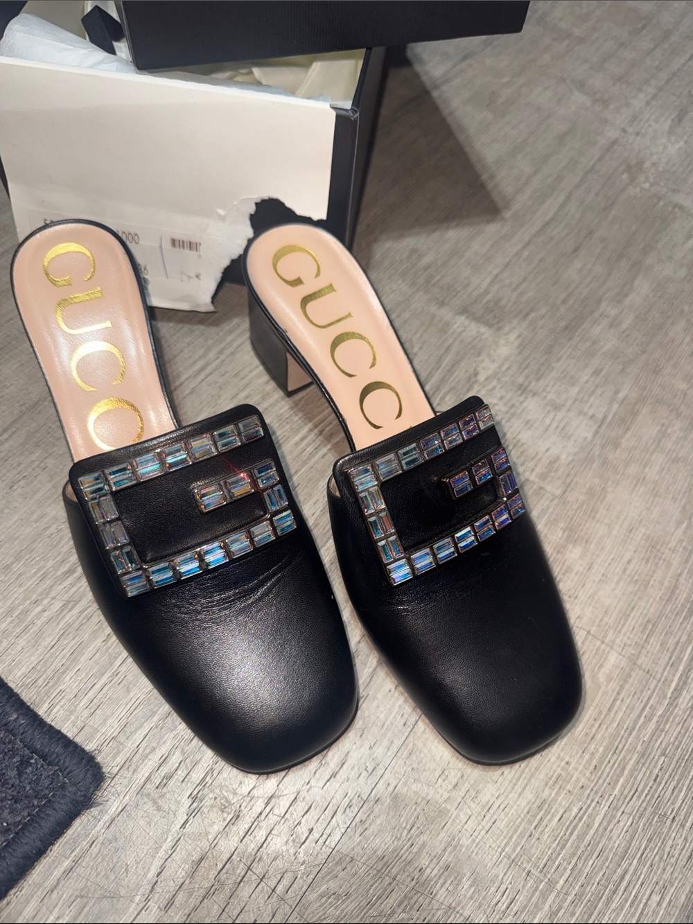 Gucci Black Leather Mules with Crystal 'G' Accent